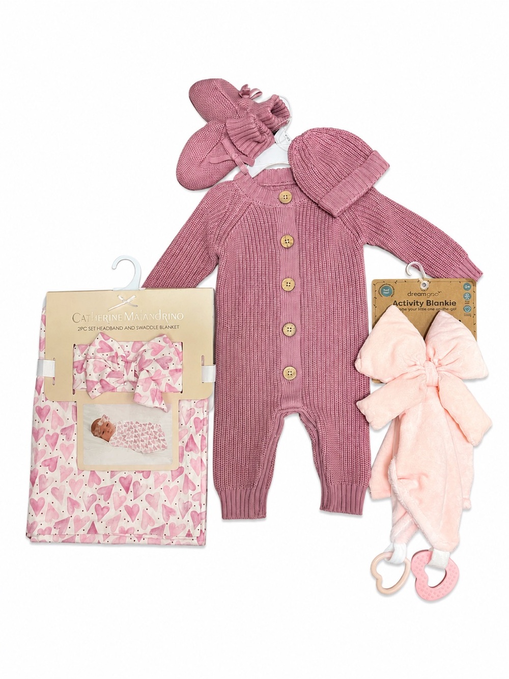 NEW - Baby Girl 3pc Bundle: Knit Romper Set, Heart Swaddle & Pink Bow Lovey